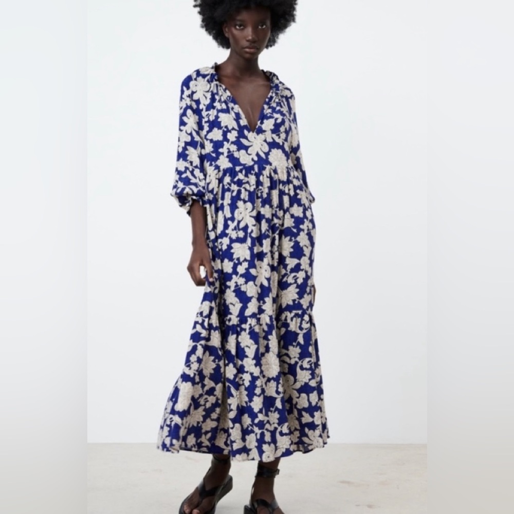 Zara Blue and Cream Floral Maxi Dress